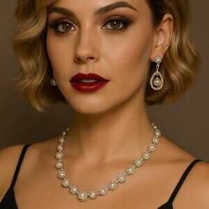 Elegant Faux Pearl & Rhinestone Jewelry Set – Necklace & Earrings Sensitive Skin